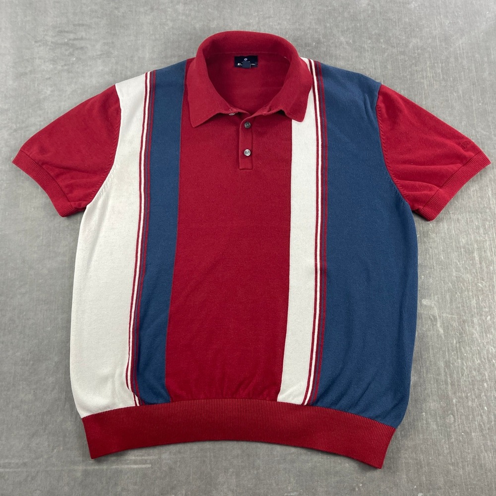 Ben Sherman Mens L Red Blue White‎ Striped Knit Polo Shirt Colorblock
